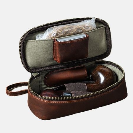 Personalized Leather Pipe and Tobacco Travel Case with Zipper and Handle